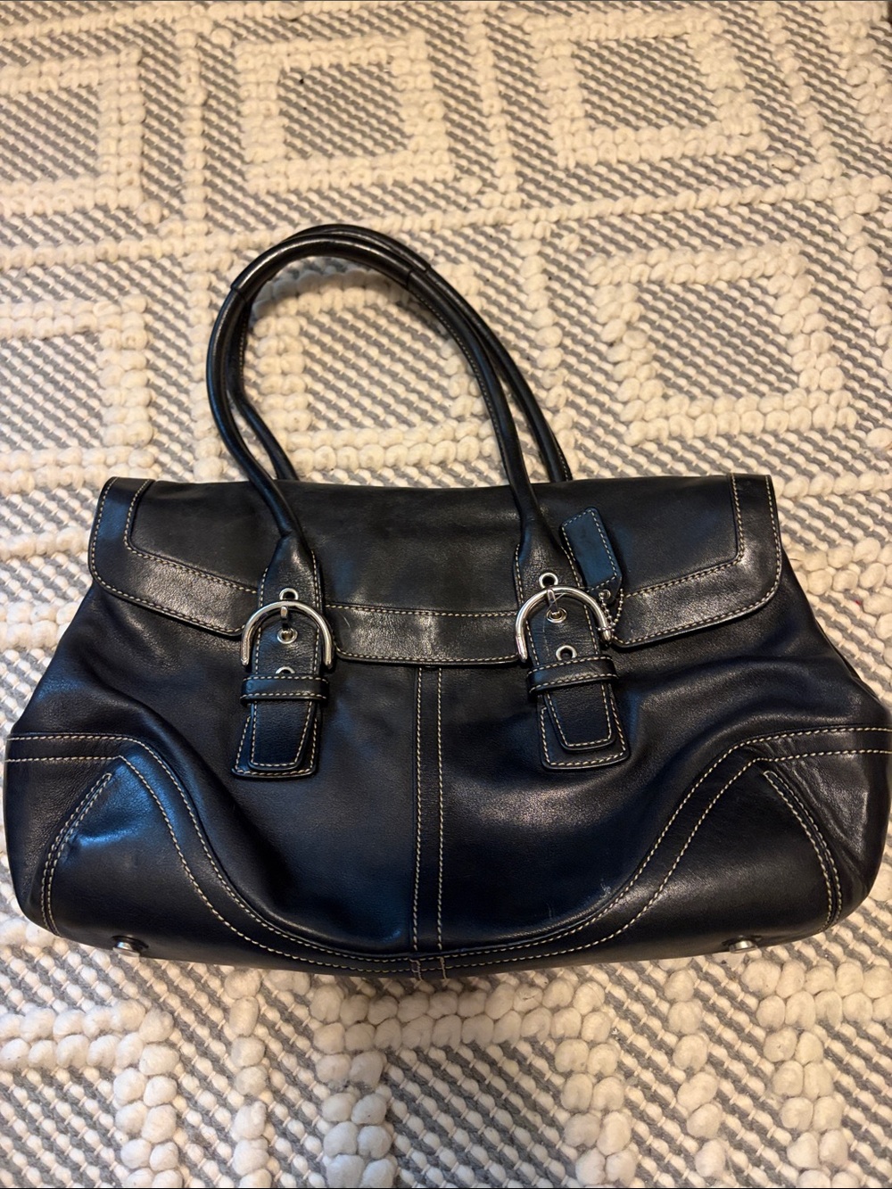 Coach Black Leather Double-Handle Shoulder Bag with Silver Hardware